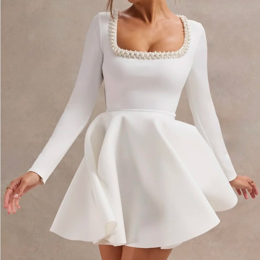 Club L Wilder, White Square Neck Long Sleeve Mini Dress